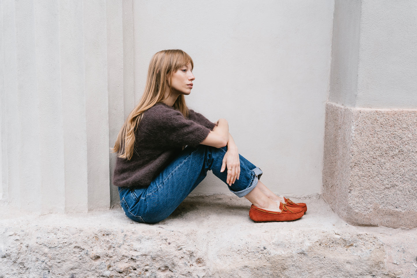 Mocassino in suede ruggine con interno in pelo